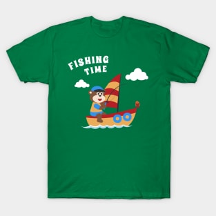 Vector cartoon illustration of cute monkey fishing on sailboat T-Shirt